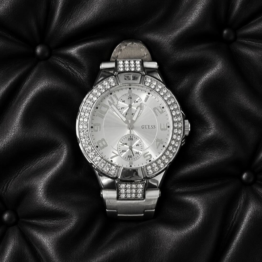 GUESS Prism W11607L1 Women's Silver Multi-Function Watch White Leather Band